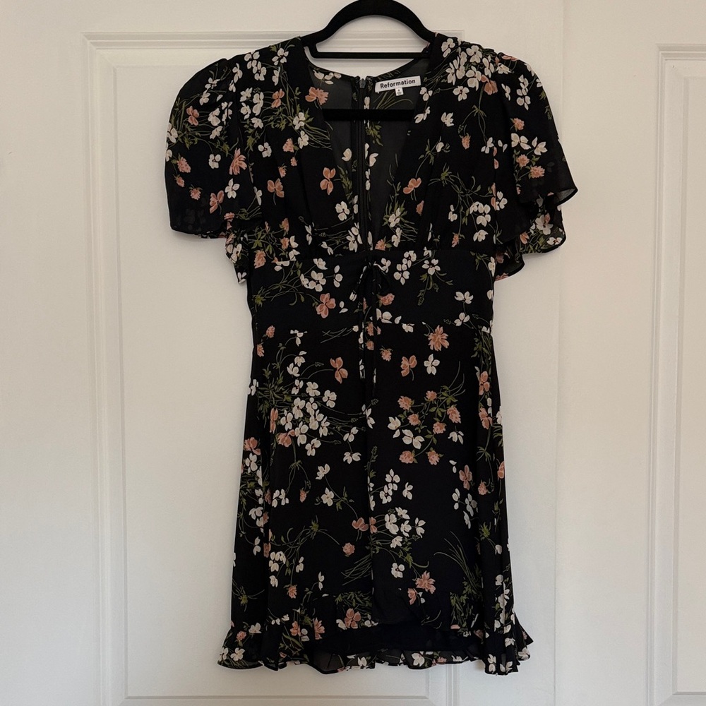 Reformation Mya Black Floral Mini Dress, size 4